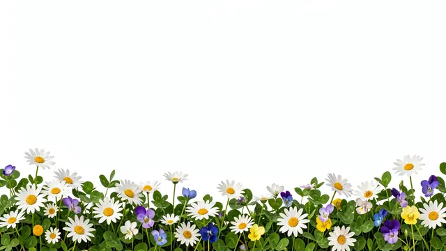 A narrow horizontal border of daisies, clover, and small violets runs along the bottom of a solid white background.