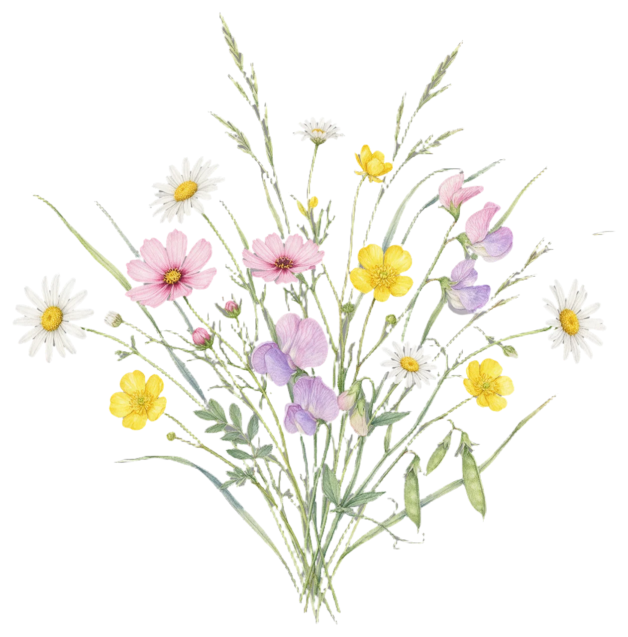 Delicate watercolor bouquet of mixed spring wildflowers including cosmos, buttercups, daisies and sweet peas