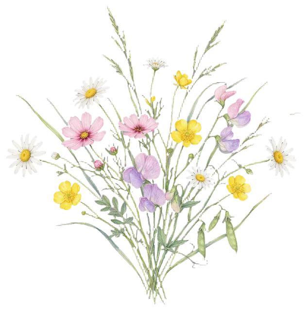 Delicate watercolor bouquet of mixed spring wildflowers including cosmos, buttercups, daisies and sweet peas