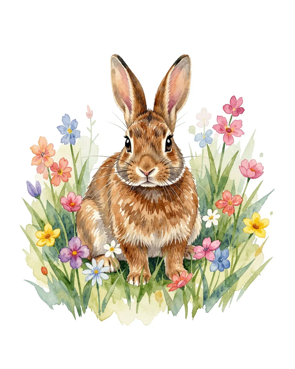 Watercolor painting of a brown wild rabbit sitting among colorful spring wildflowers on a white background