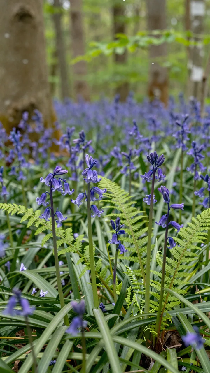 Close-up of purple bluebells and young green ferns growing in a sun-dappled spring woodland