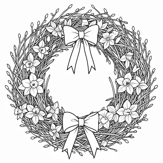Black and white line art wreath of willow twigs, daffodils, and ribbon bows on a plain white background