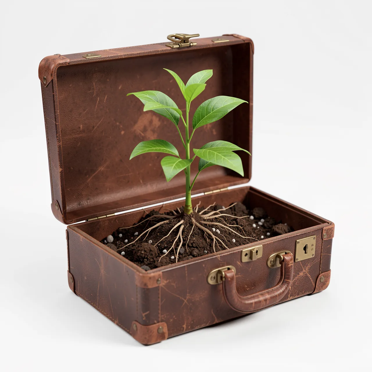A young green seedling grows in soil inside an open vintage brown leather briefcase against a plain white background