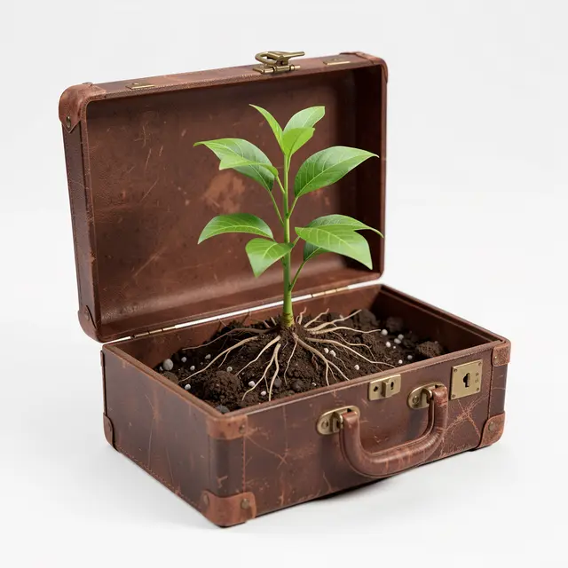 A young green seedling grows in soil inside an open vintage brown leather briefcase against a plain white background