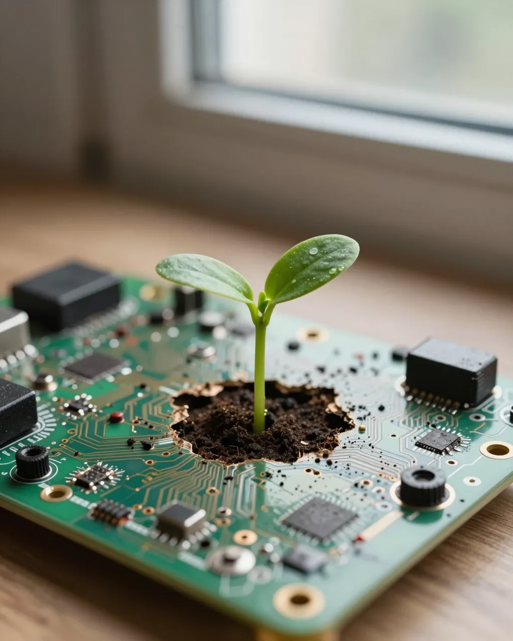 Tiny green seedling grows from soil in a hole in an old circuit board near a sunlit window