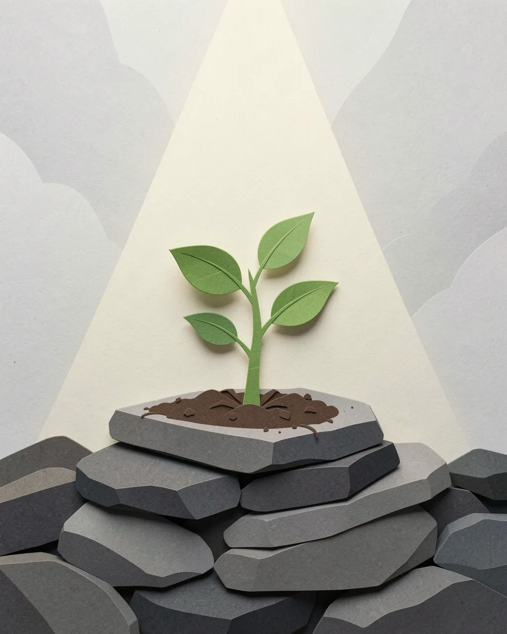 Paper cut illustration of a small green seedling growing from soil atop stacked gray stones beneath a beam of light