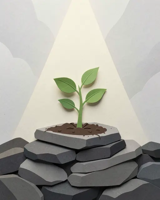 Paper cut illustration of a small green seedling growing from soil atop stacked gray stones beneath a beam of light
