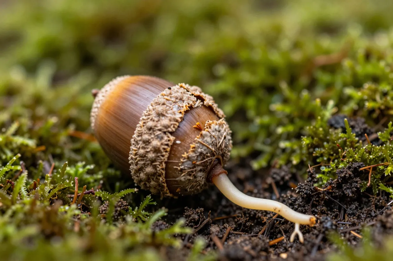 Close up macro view of a germinating acorn with a pale root resting on damp mossy forest soil