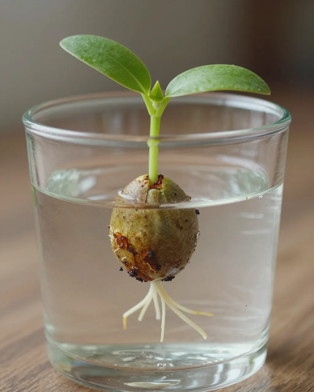 A sprouting avocado pit with roots and small green leaves floats in a clear glass of water on a wooden table.
