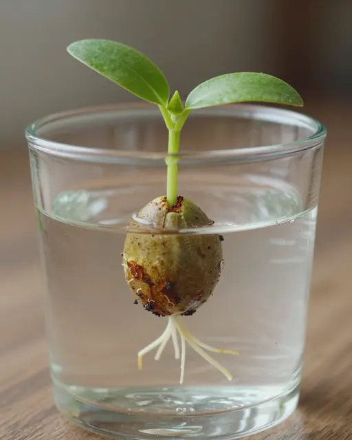 A sprouting avocado pit with roots and small green leaves floats in a clear glass of water on a wooden table.