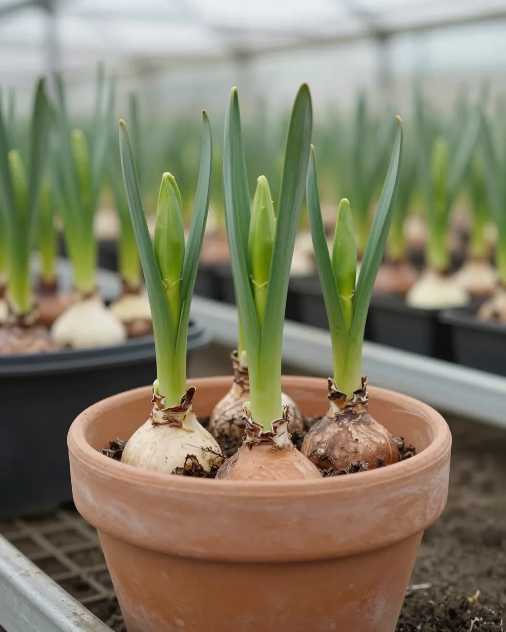 Young sprouting flower bulbs grow in a terracotta pot inside a greenhouse