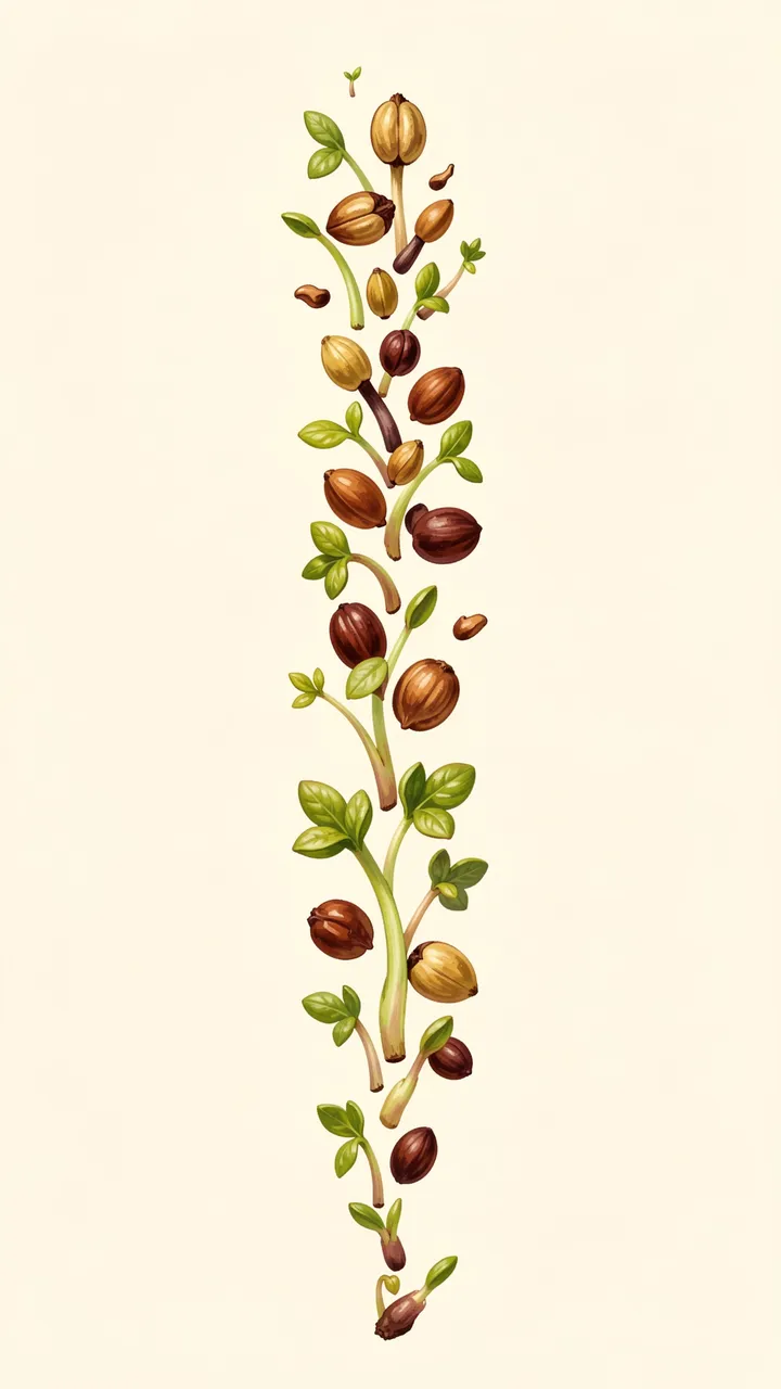 Hand-painted seeds and tiny green sprouts arranged in a vertical line on a warm cream background