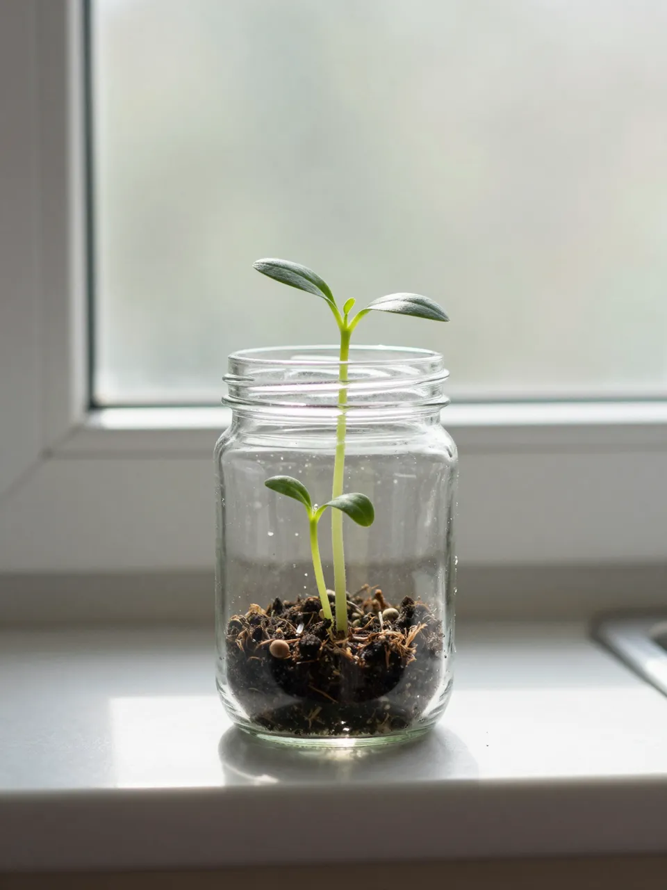 Young seedling growing in a glass jar sits on a sunlit kitchen windowsill