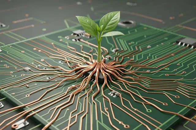 A green seedling grows from a circuit board with roots that extend into copper electronic traces