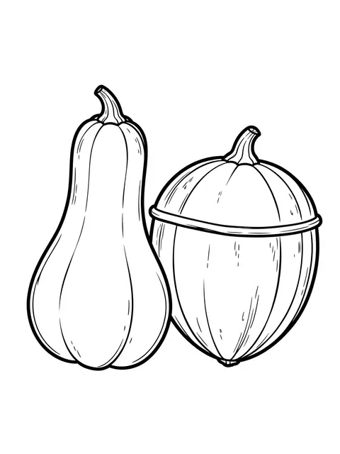 Black and white bold line art of a butternut and acorn squash placed side by side
