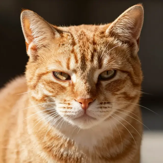 Close-up head portrait of a ginger tabby cat squinting in warm glowing sunlight