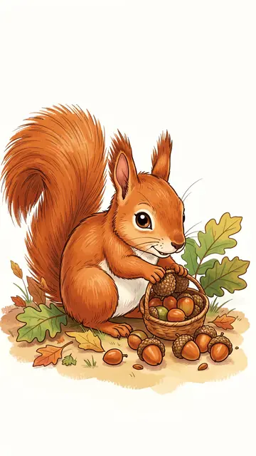 Cute illustrated red squirrel holding a basket full of acorns surrounded by autumn leaves