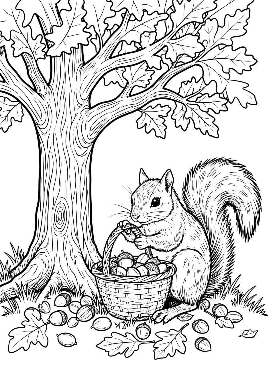 Black and white line art of a squirrel holding an acorn basket under an oak tree, with scattered acorns on the grass.