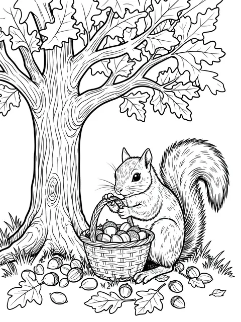 Black and white line art of a squirrel holding an acorn basket under an oak tree, with scattered acorns on the grass.