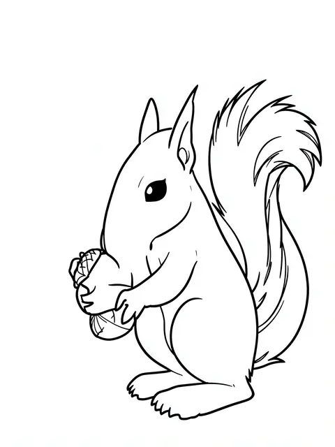 Simple bold black line art of a squirrel holding an acorn on a plain white background