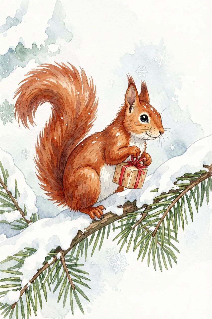 Watercolor red squirrel perched on a snow-covered pine bough holding a tiny wrapped Christmas gift