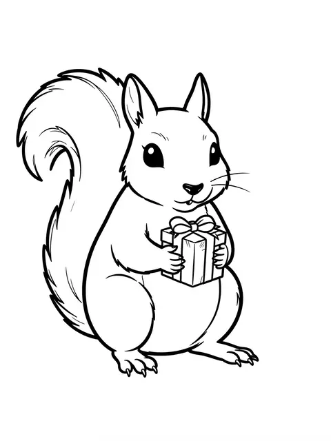 Simple bold black and white line art of a squirrel holding a small wrapped present on a white background