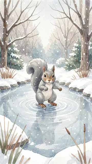 A cute gray squirrel ice skates on a frozen pond as snow falls in a winter garden