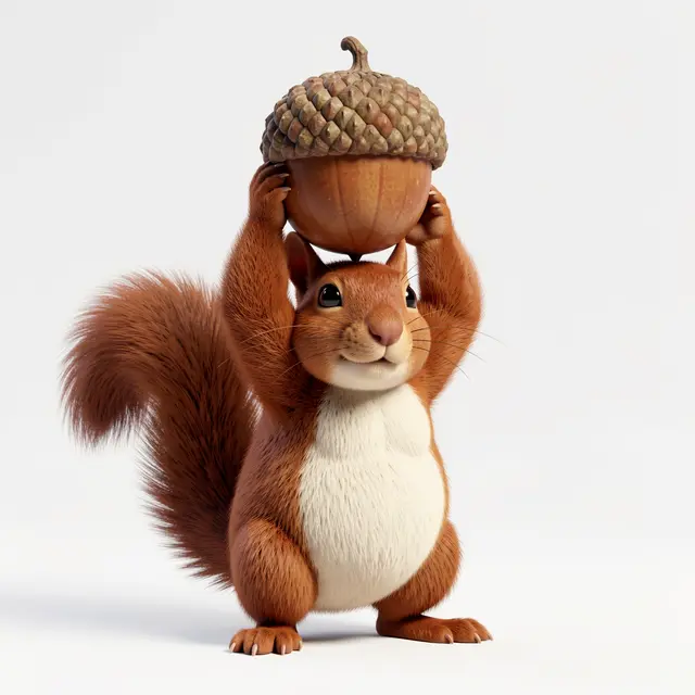 Chubby cartoon 3D squirrel holds a large acorn overhead like a weightlifter against a plain white background