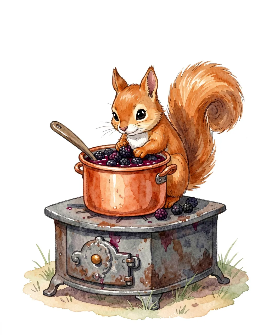 Cute red squirrel prepares blackberry jam in a copper pot on a small old iron stove in a soft watercolor illustration