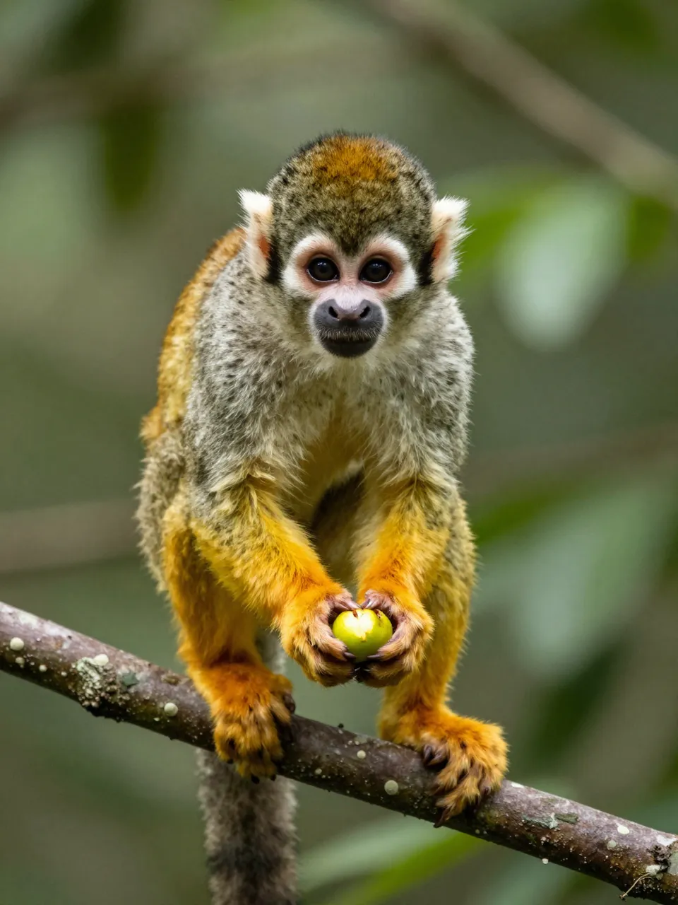 A squirrel monkey with bright yellow-orange arms perches on a rainforest branch holding a small green fruit while looking at