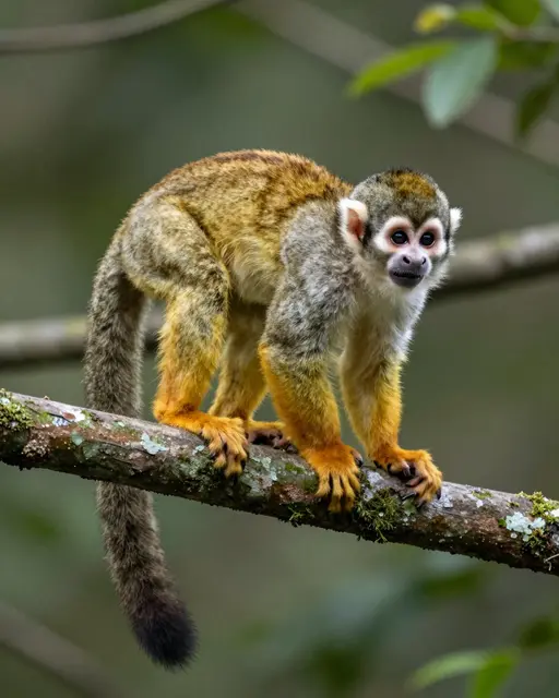 A squirrel monkey with orange limbs and a white face stands gripping a mossy lichen-covered tree branch.
