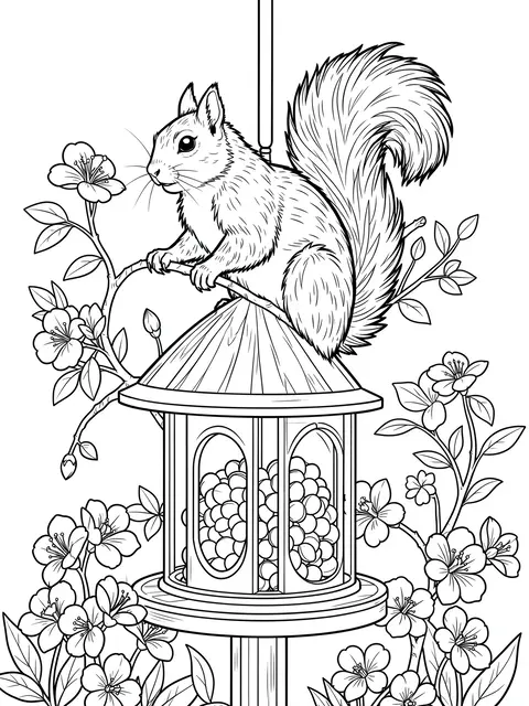 Black and white line art of a squirrel perched on a birdfeeder surrounded by blooming flower branches
