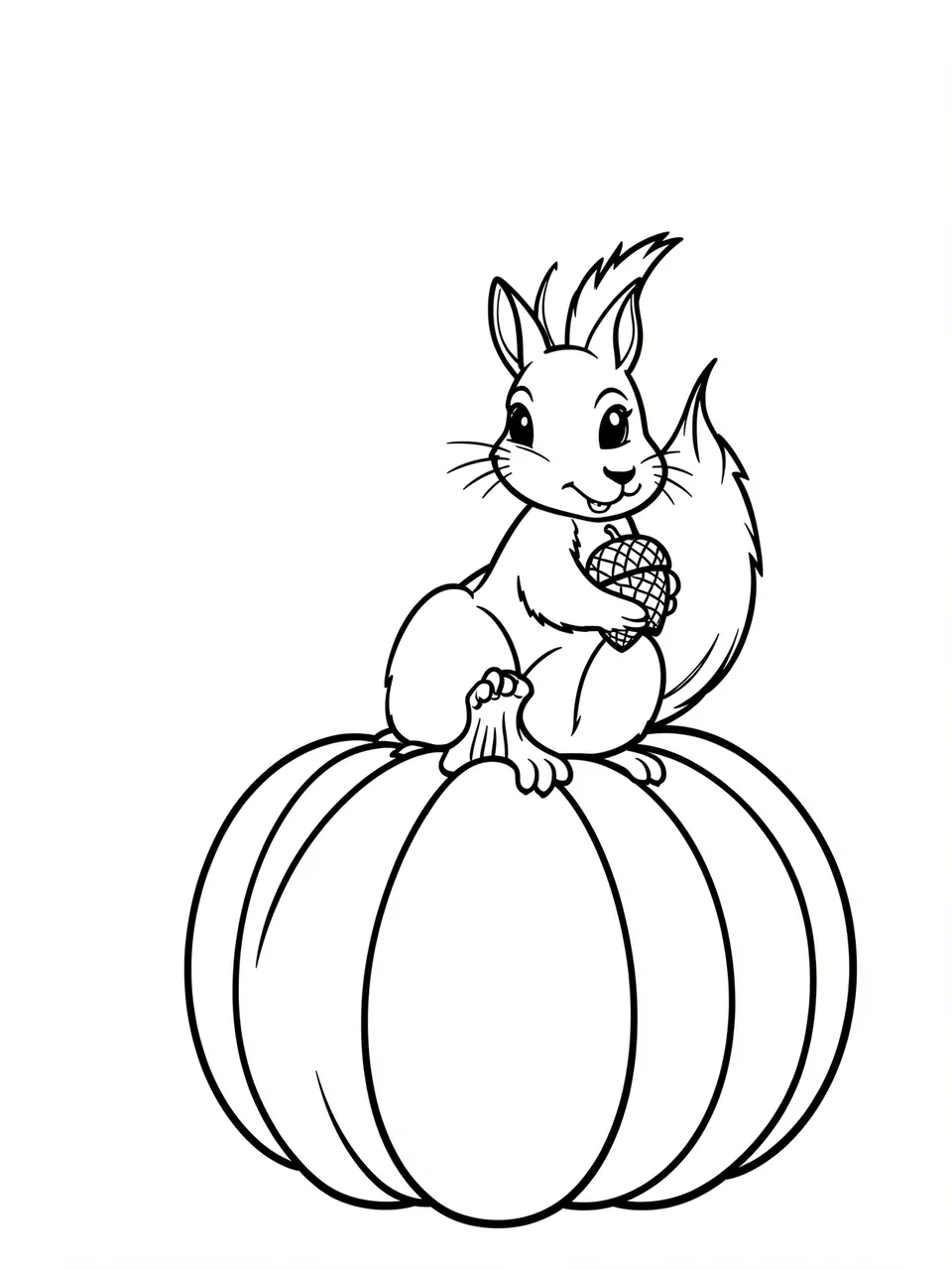 Black and white line art of a cartoon squirrel holding an acorn while sitting on a round pumpkin
