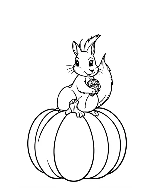 Black and white line art of a cartoon squirrel holding an acorn while sitting on a round pumpkin