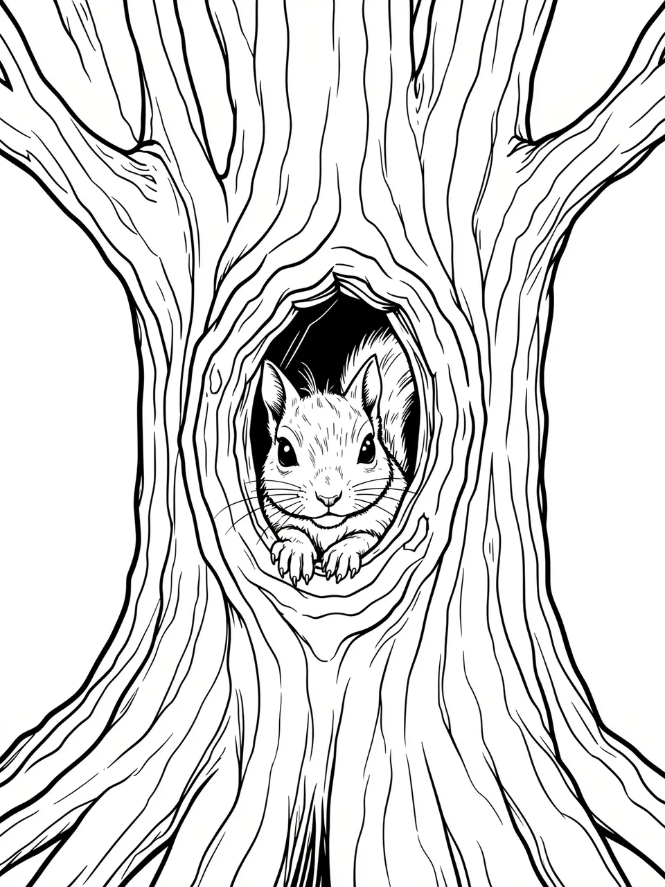 Black and white line art of a squirrel peeking out of a hollow old oak tree trunk on a plain white background