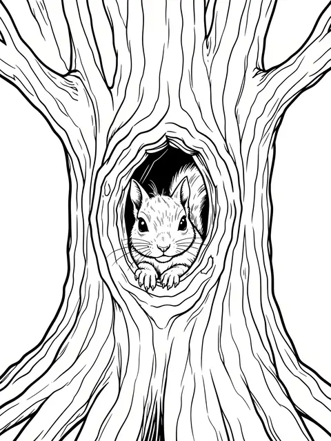 Black and white line art of a squirrel peeking out of a hollow old oak tree trunk on a plain white background