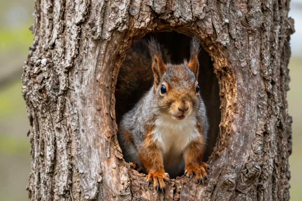 A red squirrel looks directly out from a round hollow hole in a weathered tree trunk