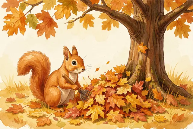 Cute squirrel holds a small rake to gather autumn oak leaves into a pile beside a large oak tree
