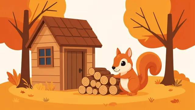 Cute cartoon squirrel stands next to a stack of firewood beside a tiny wooden cabin in an autumn forest clearing