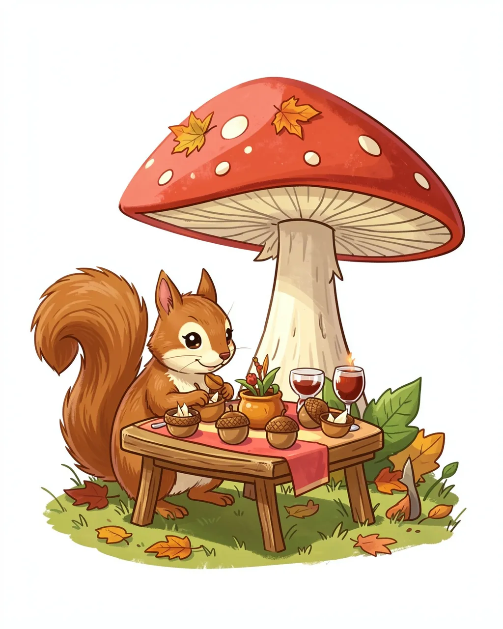 A cute cartoon squirrel arranges acorn dishware on a tiny table under a large red spotted mushroom.