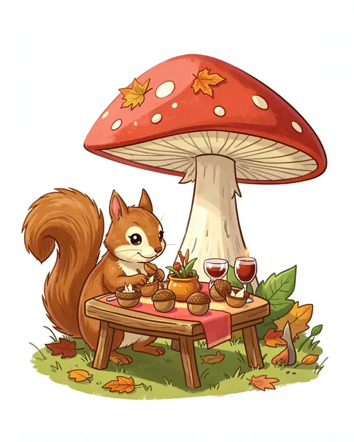 A cute cartoon squirrel arranges acorn dishware on a tiny table under a large red spotted mushroom.