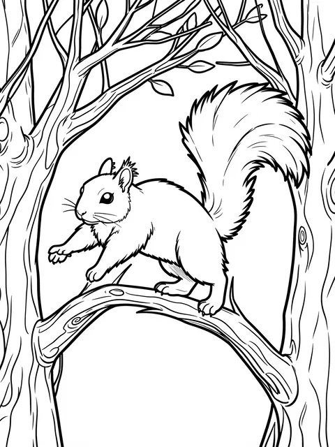 Black and white bold line art of a squirrel perched on a tree branch between trunks, styled as a coloring page