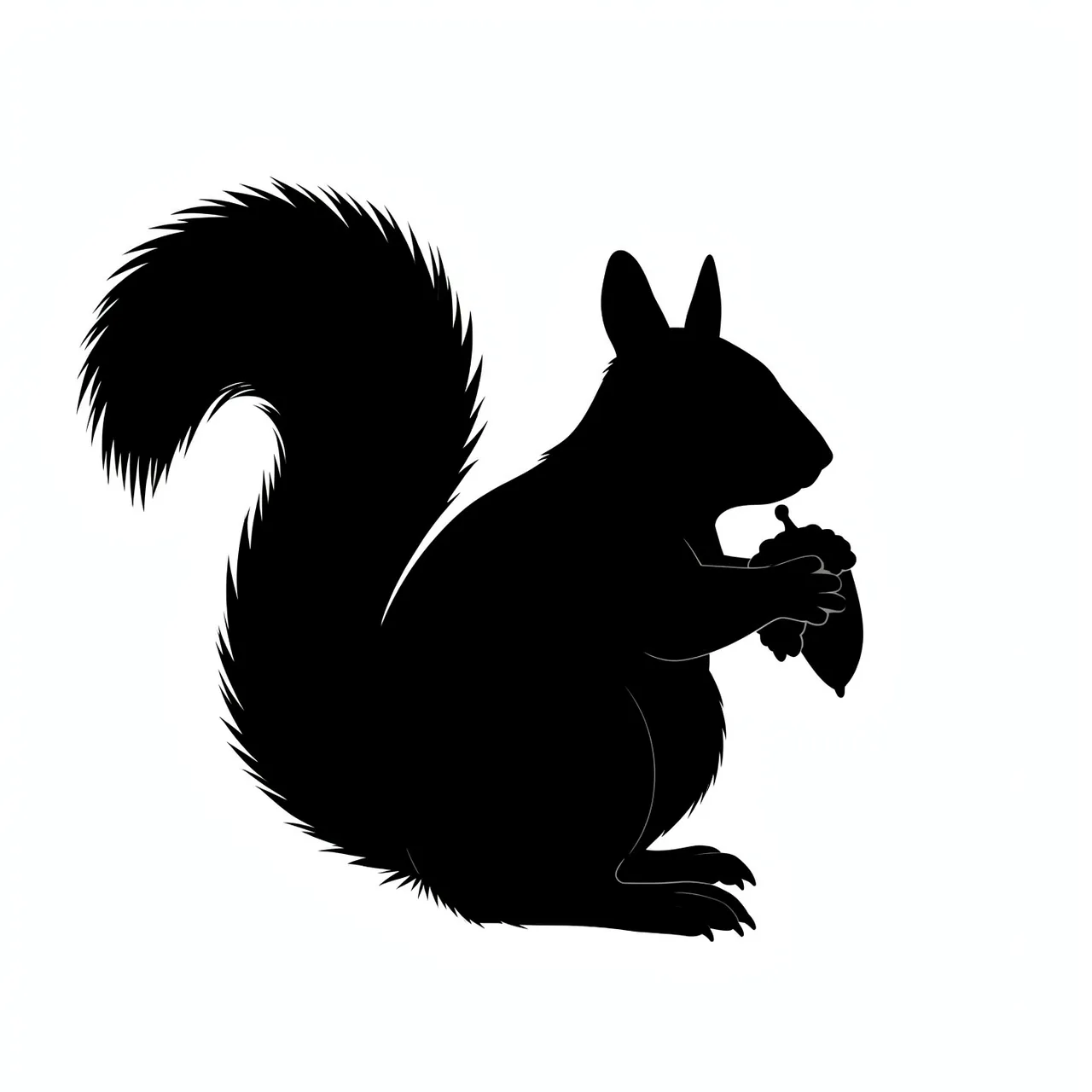 Solid black squirrel silhouette holding an acorn against a plain white background