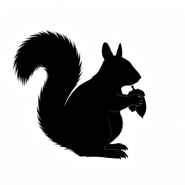 Solid black squirrel silhouette holding an acorn against a plain white background