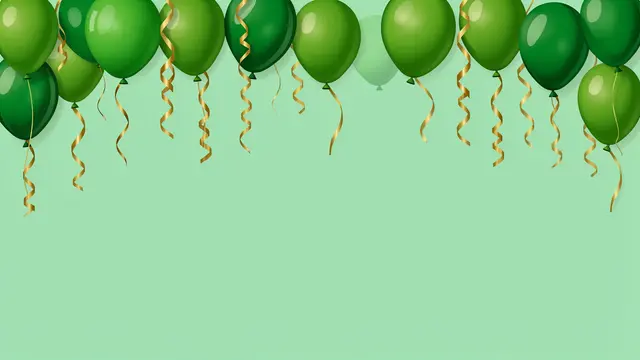 A top border of green party balloons and gold curly streamers sits above empty solid mint green copy space