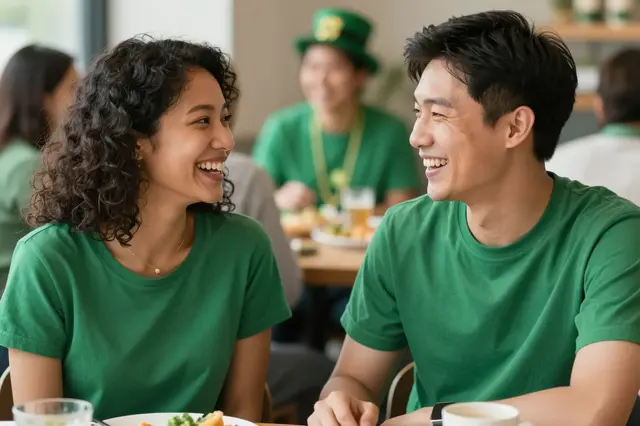 A mixed-race woman and East Asian man in green tops laugh together at a festive St Patrick's Day restaurant brunch.
