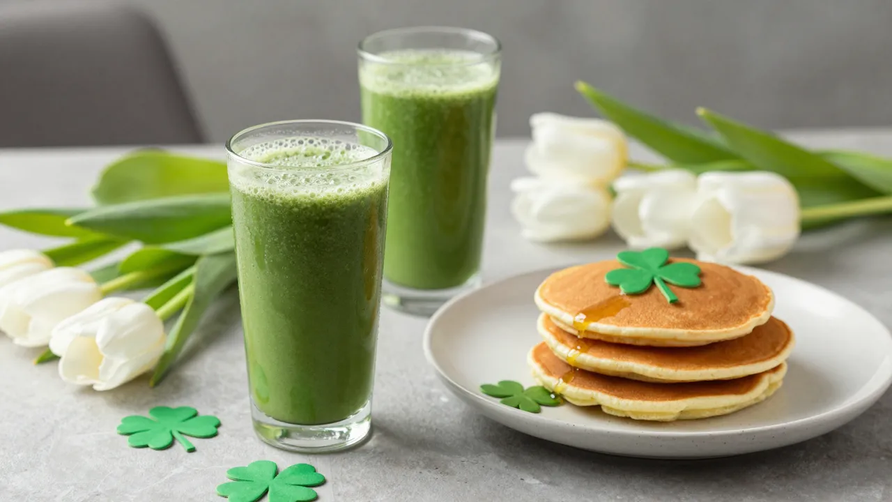 Gray table holds green smoothies, shamrock topped pancakes, and white tulips for St Patrick's Day brunch