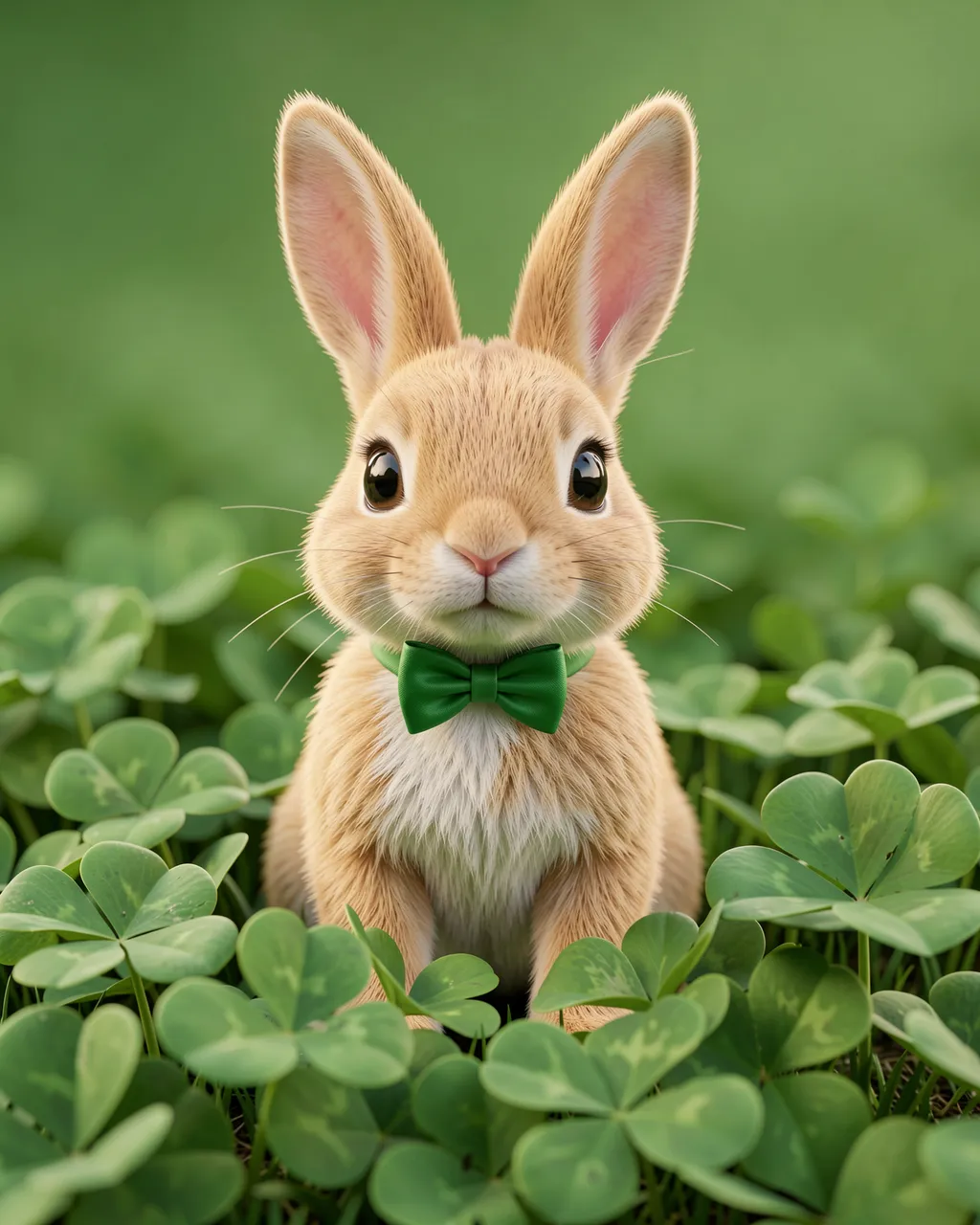 Cute tan bunny wearing a tiny green bow tie sits surrounded by lush green clover.