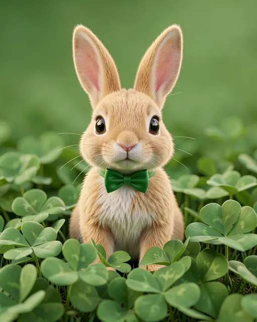 Cute tan bunny wearing a tiny green bow tie sits surrounded by lush green clover.