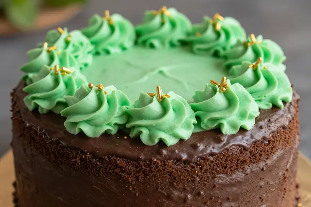 Close-up of a chocolate cake topped with mint green frosting rosettes and gold sprinkles
